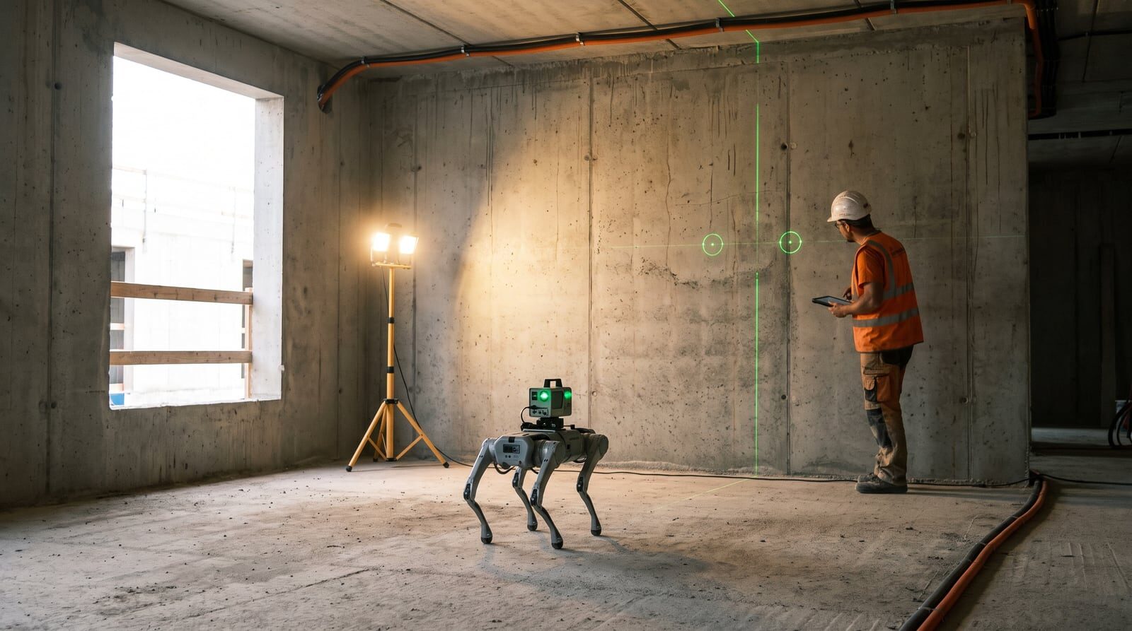 Vierbeiniger Roboter projiziert grüne Markierungen an eine Rohbauwand, daneben ein Handwerker