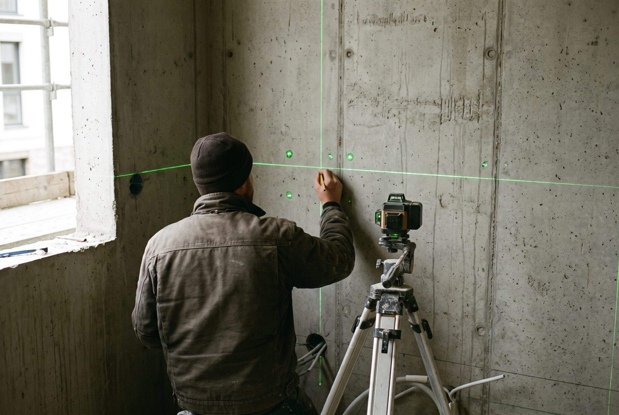 Handwerker überträgt Markierungen mit Linienlaser und Bleistift auf eine Betonwand