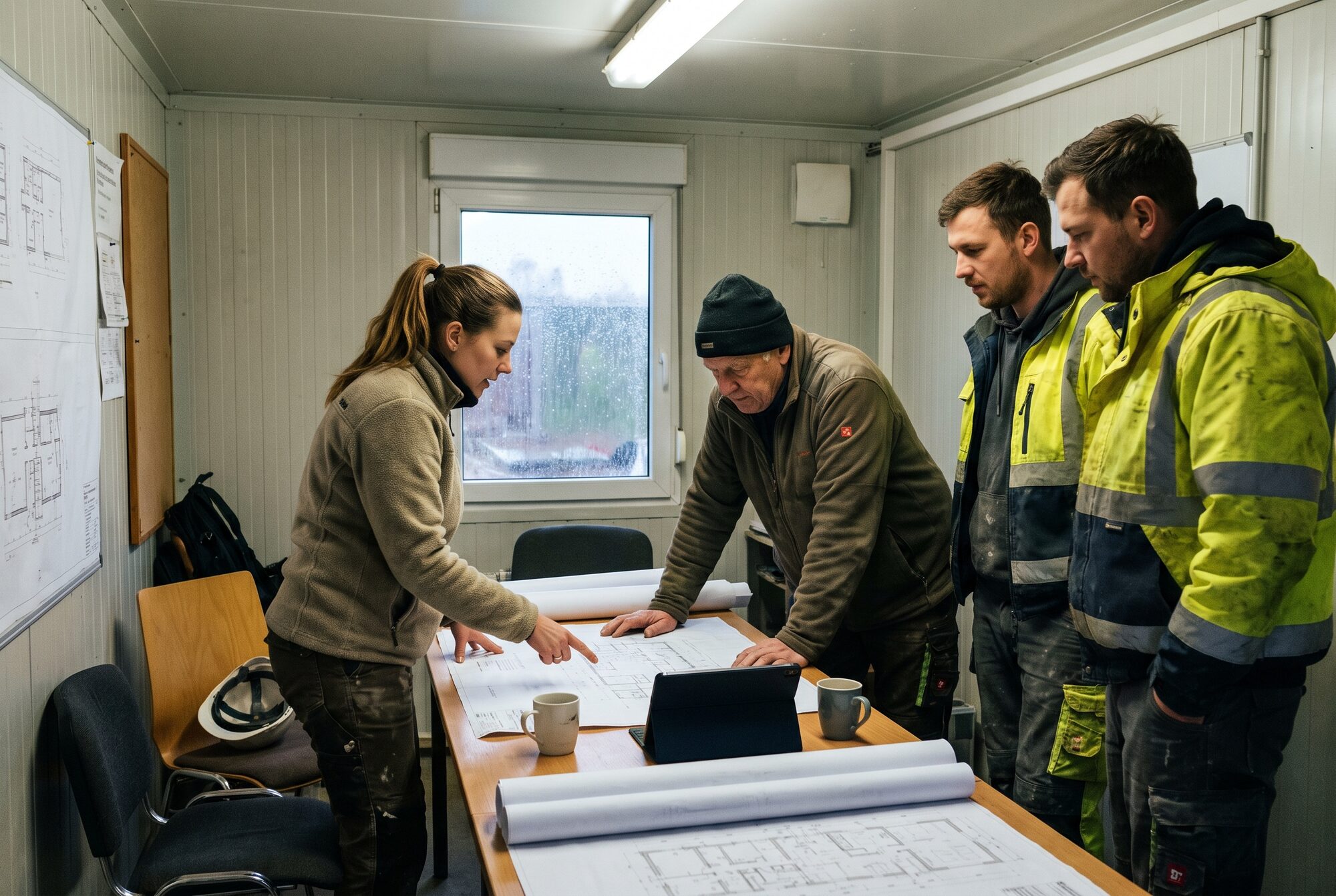 Bauleiter und Handwerker besprechen Pläne im Baucontainer